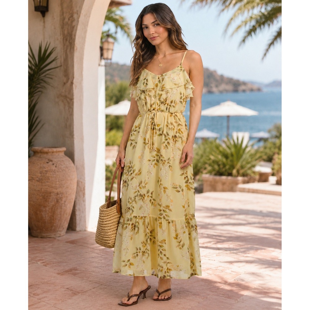 NICOLE MILLER NEW YORK Womens‎ New Maxi Dress LARGE Floral Ruffle Tie Waist